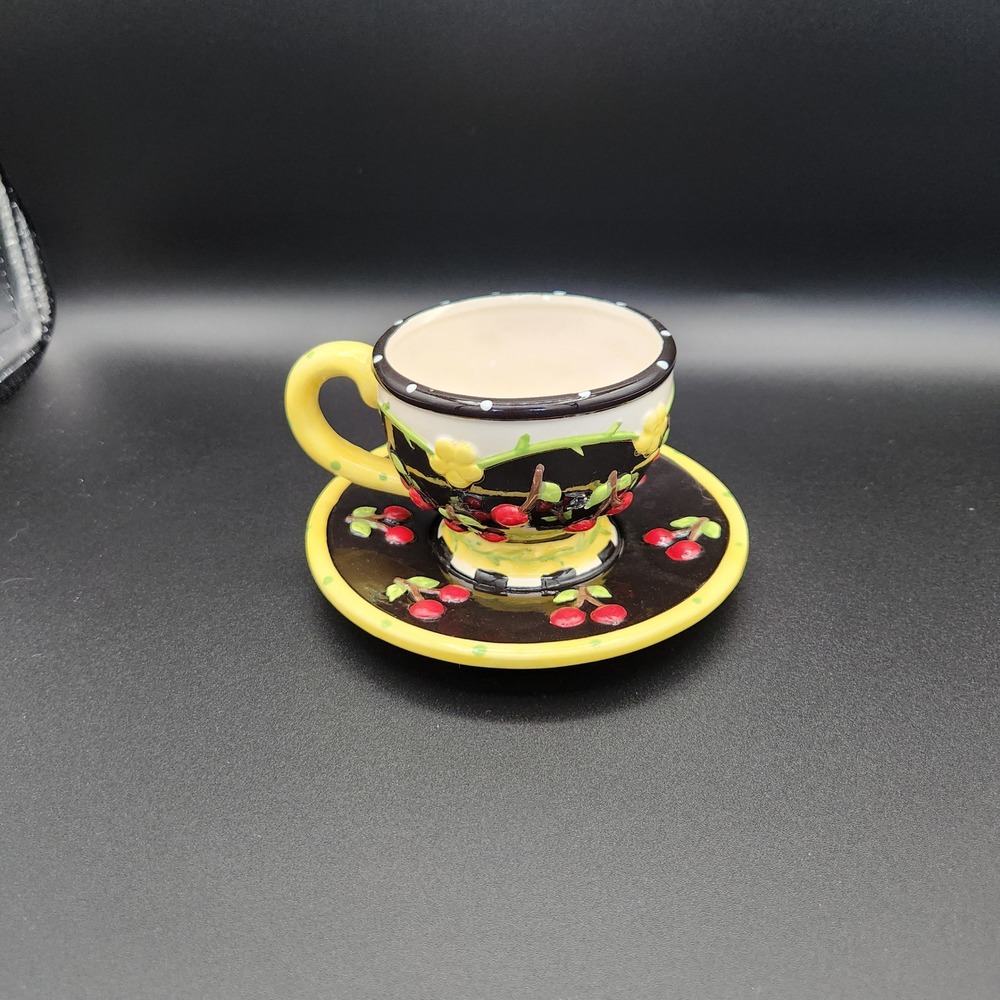 Cute Small Black and Yellow Cherry Teacup & Saucer Planter